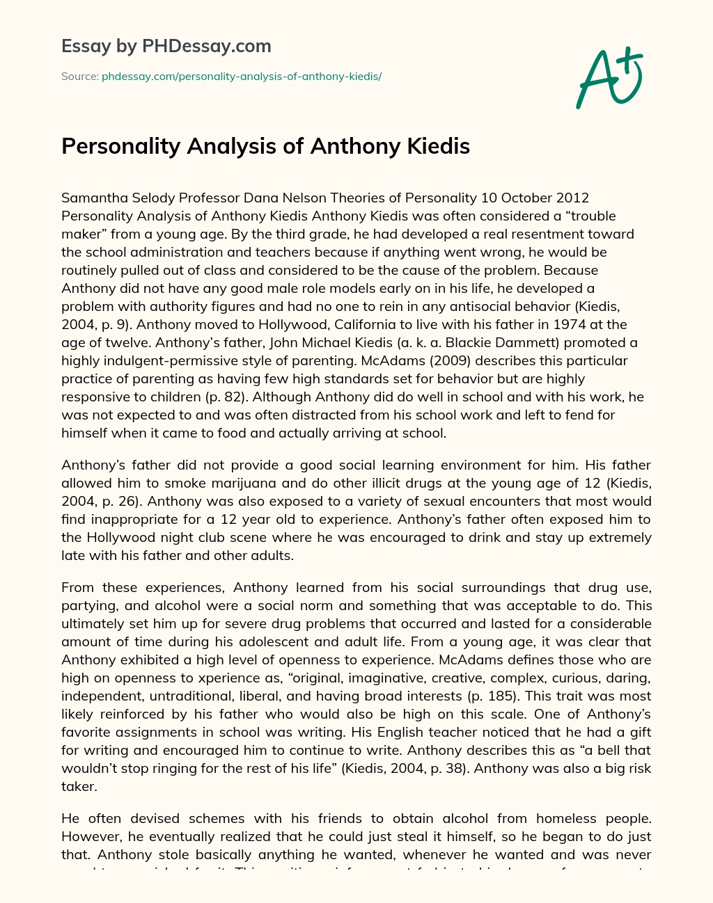 Personality Analysis of Anthony Kiedis essay