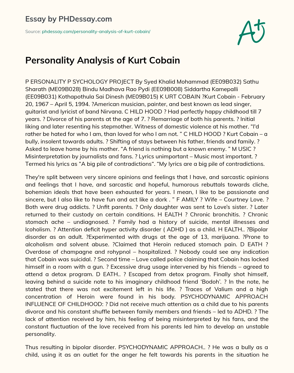 Personality Analysis of Kurt Cobain essay