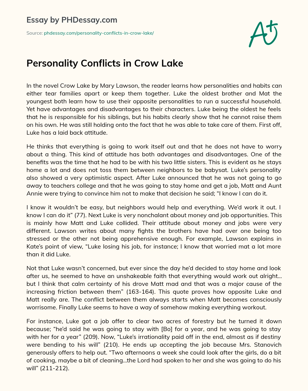 ﻿Personality Conflicts in Crow Lake essay