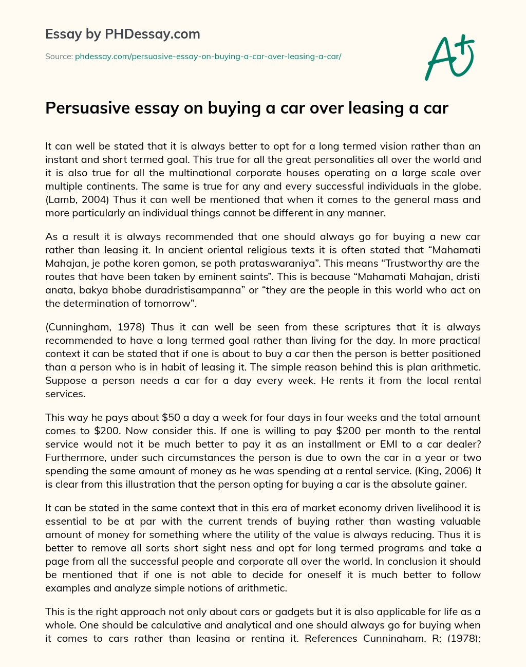 Persuasive essay on buying a car over leasing a car essay