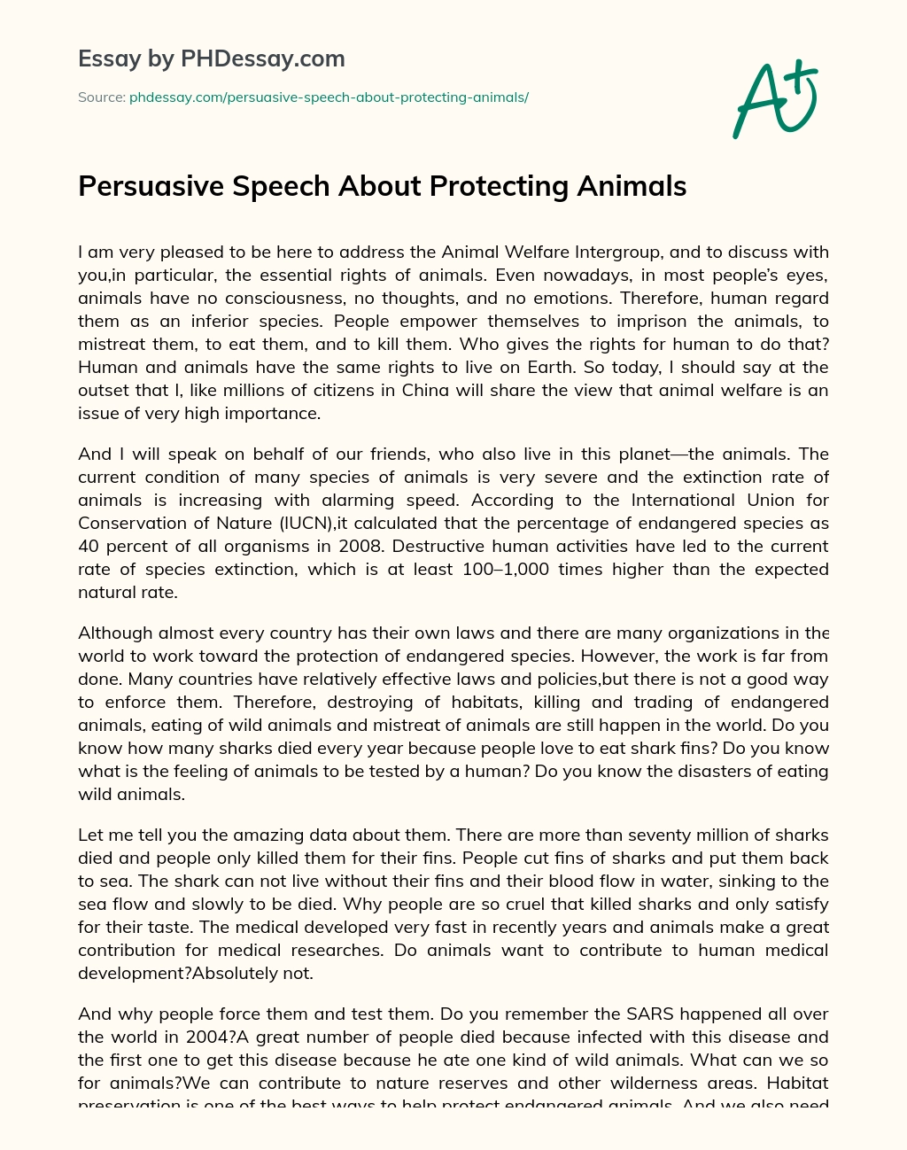 Persuasive Speech About Protecting Animals essay