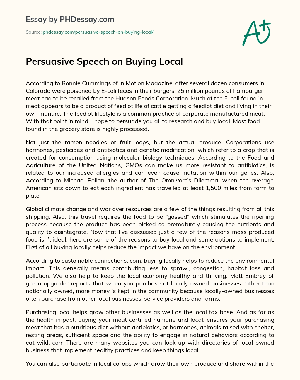 Persuasive Speech on Buying Local essay