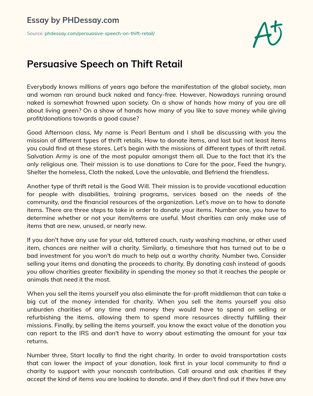 Persuasive Speech on Thift Retail essay