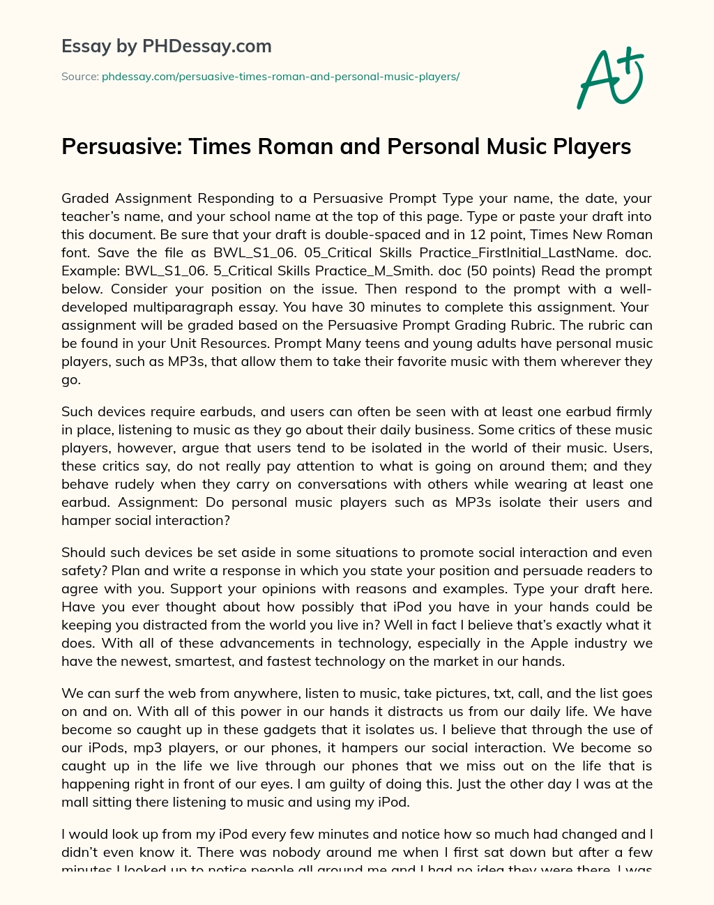 Persuasive: Times Roman and Personal Music Players essay