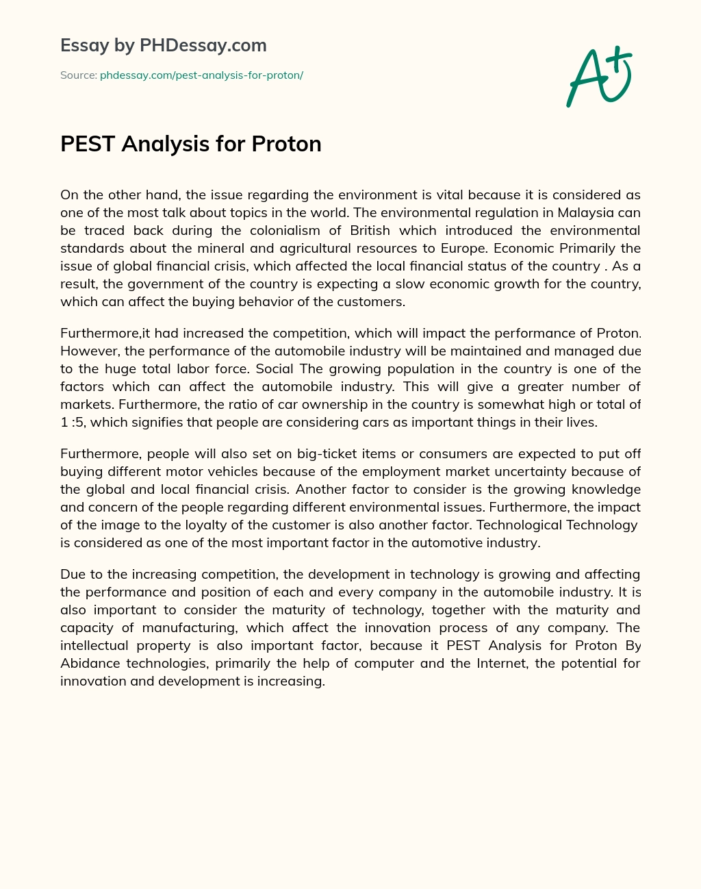 PEST Analysis for Proton essay
