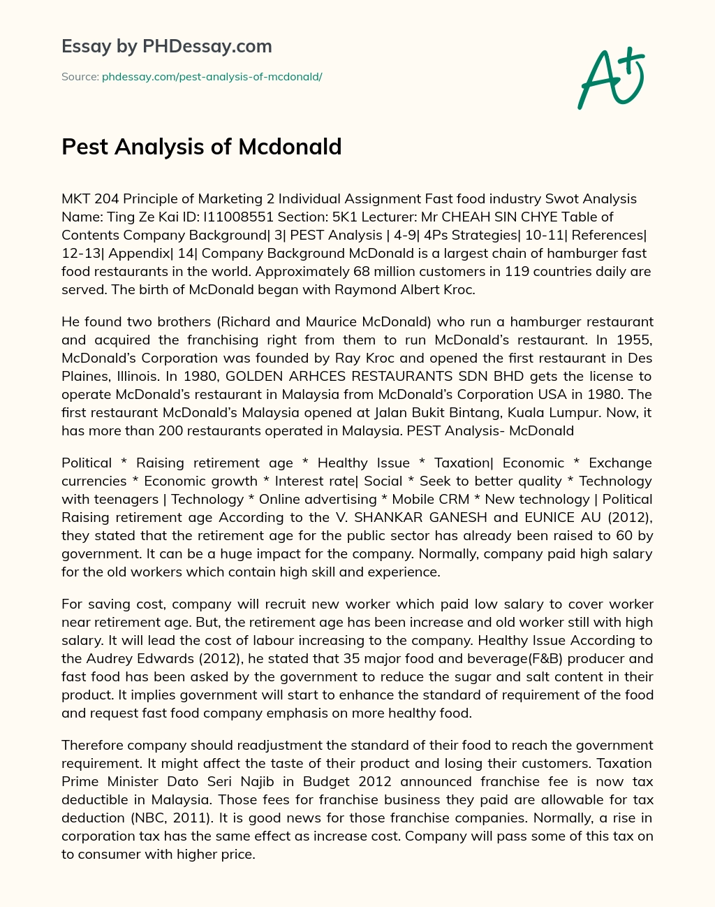 Pest Analysis of Mcdonald essay
