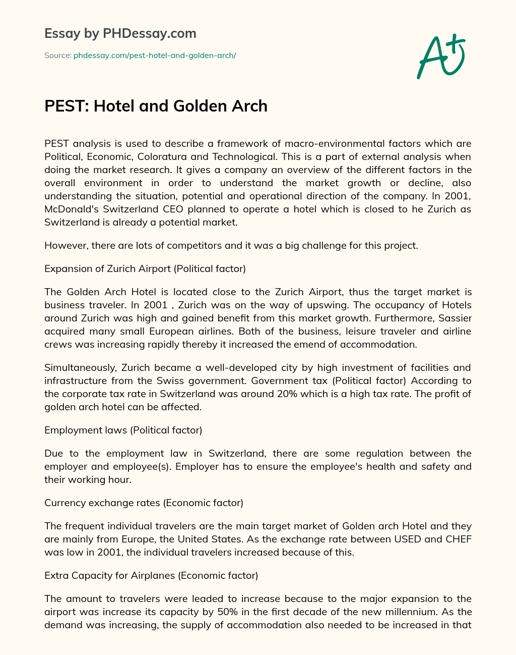 PEST: Hotel and Golden Arch essay