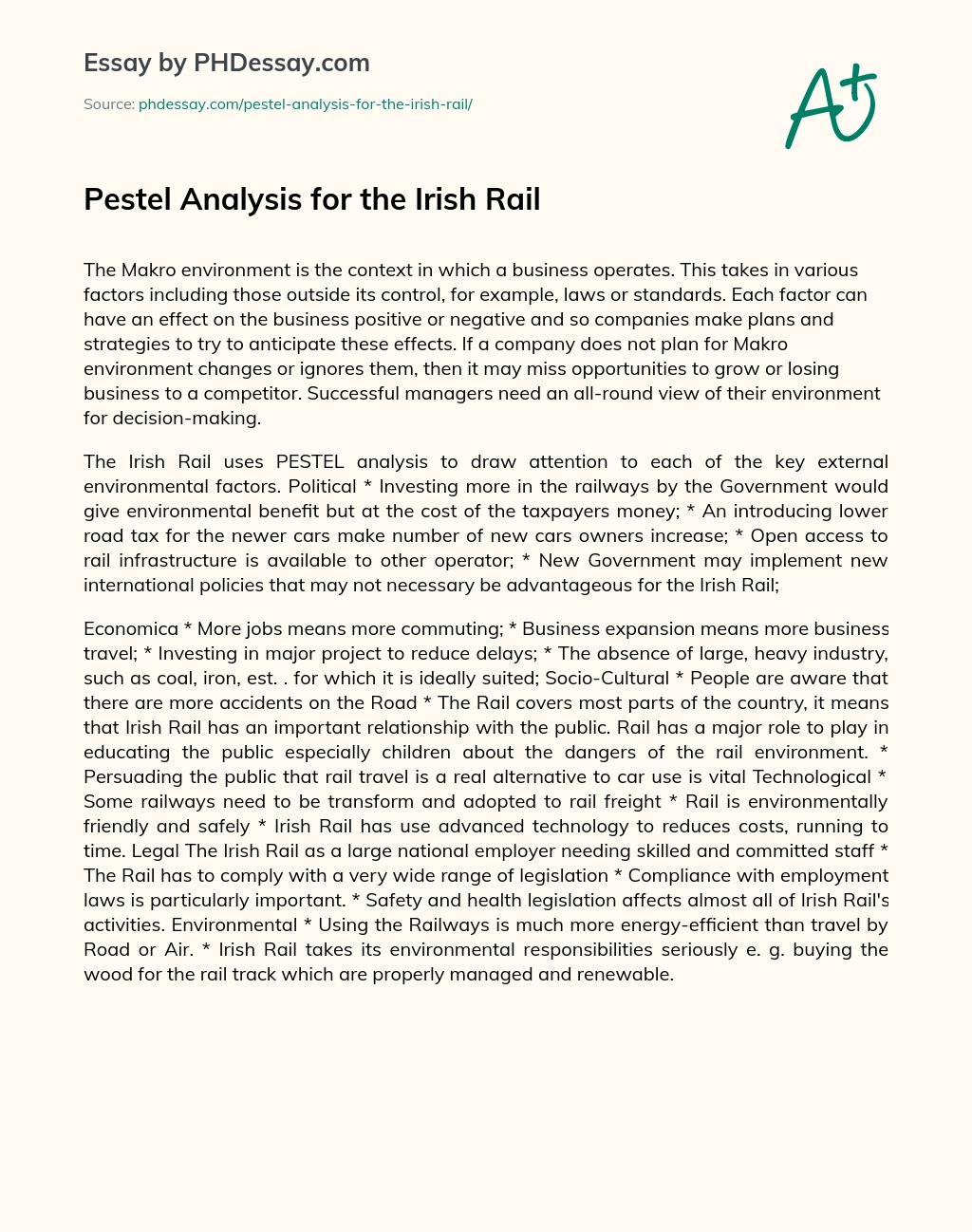 Pestel Analysis for the Irish Rail essay