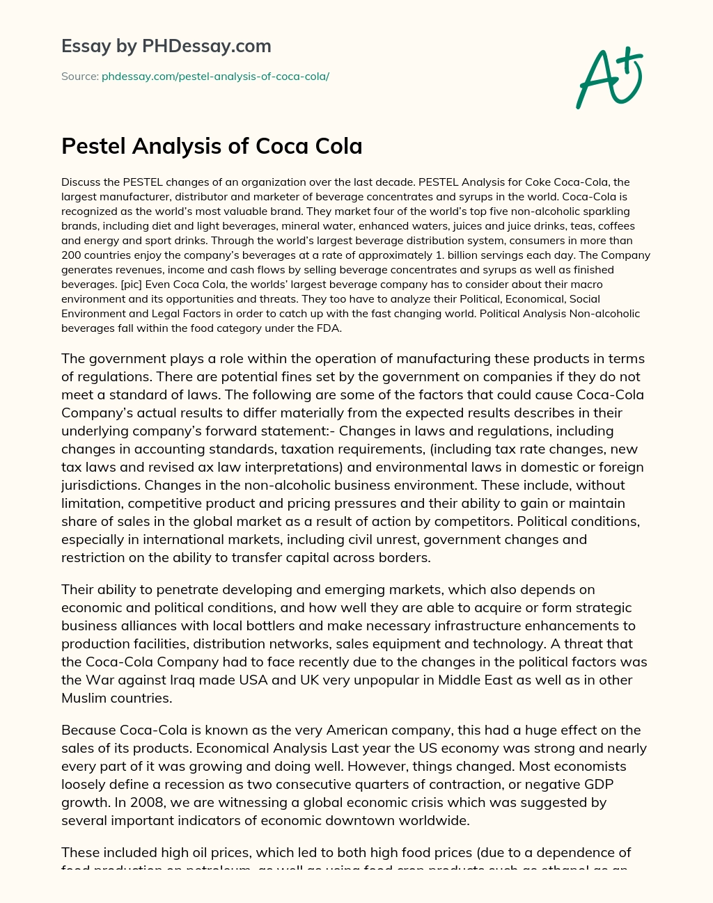 Pestel Analysis of Coca Cola essay