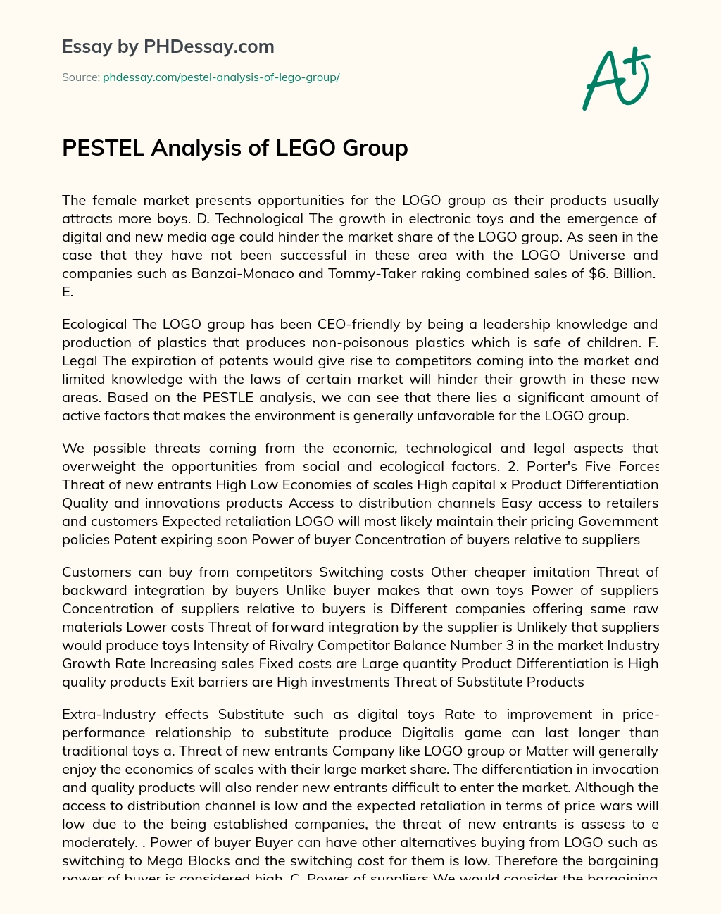 PESTEL Analysis of LEGO Group essay