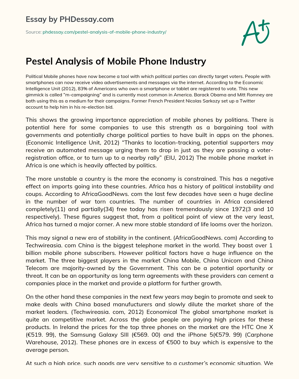 Pestel Analysis of Mobile Phone Industry essay