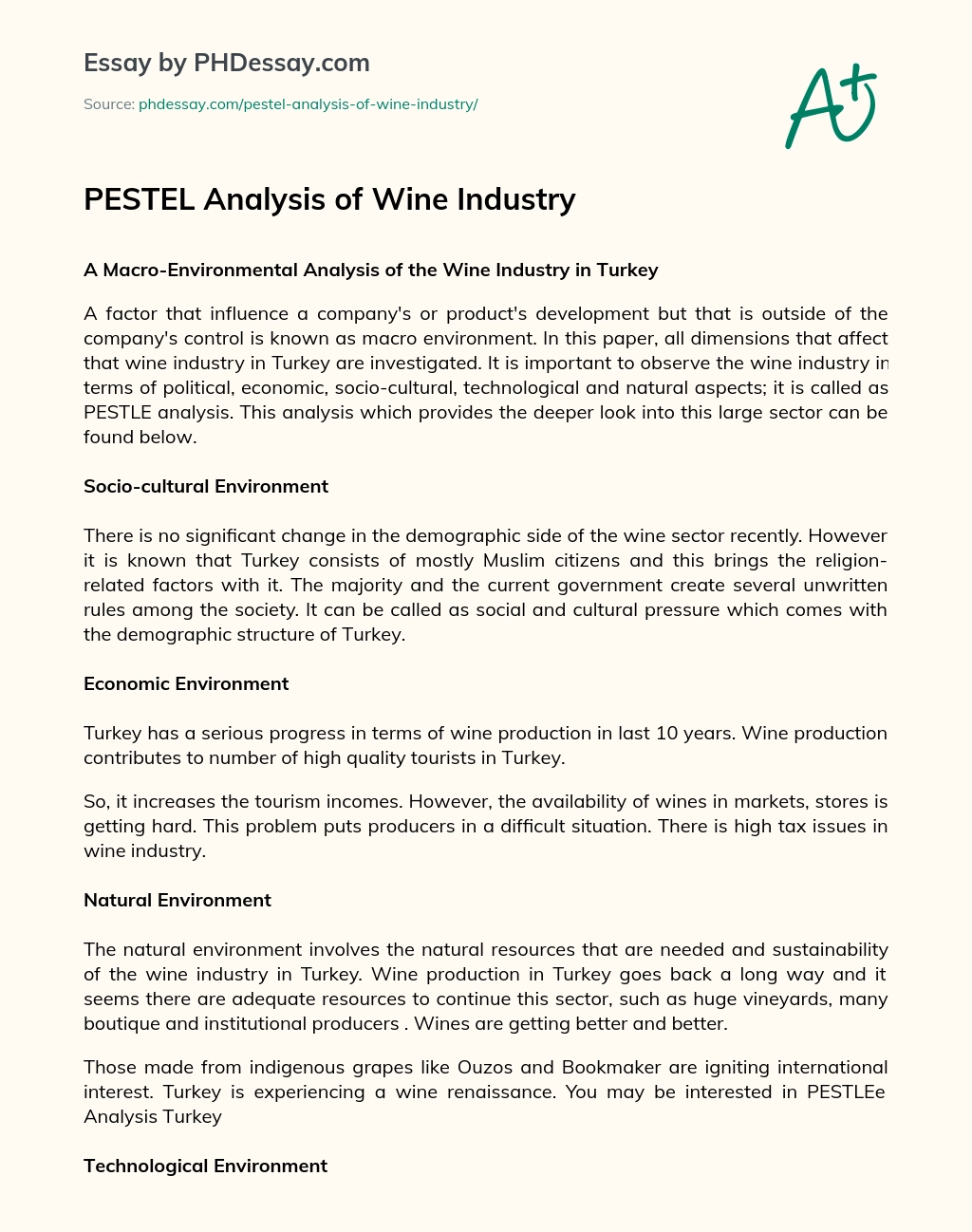 PESTEL Analysis of Wine Industry in Turkey essay