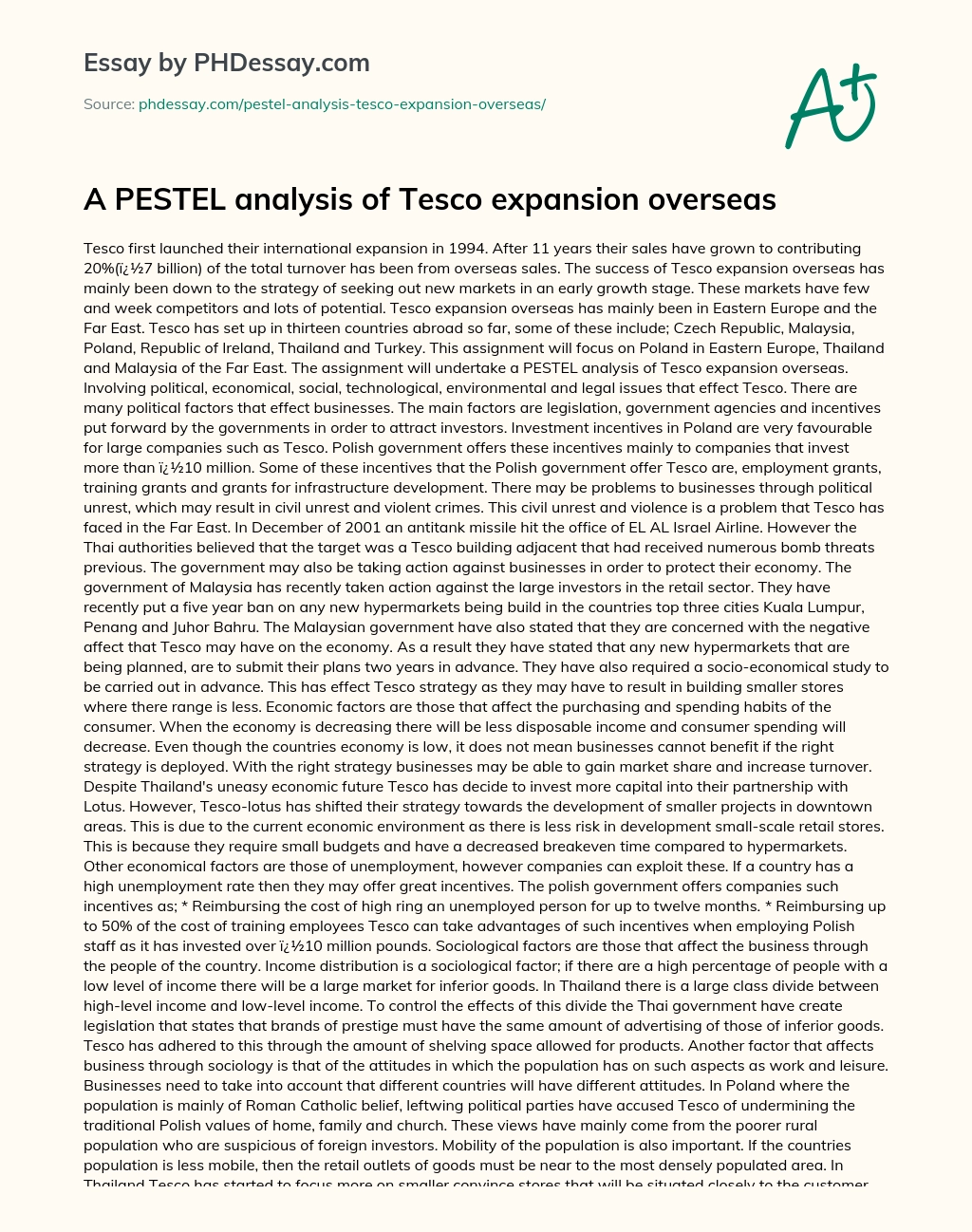 A PESTEL Analysis of Tesco Expansion Overseas essay