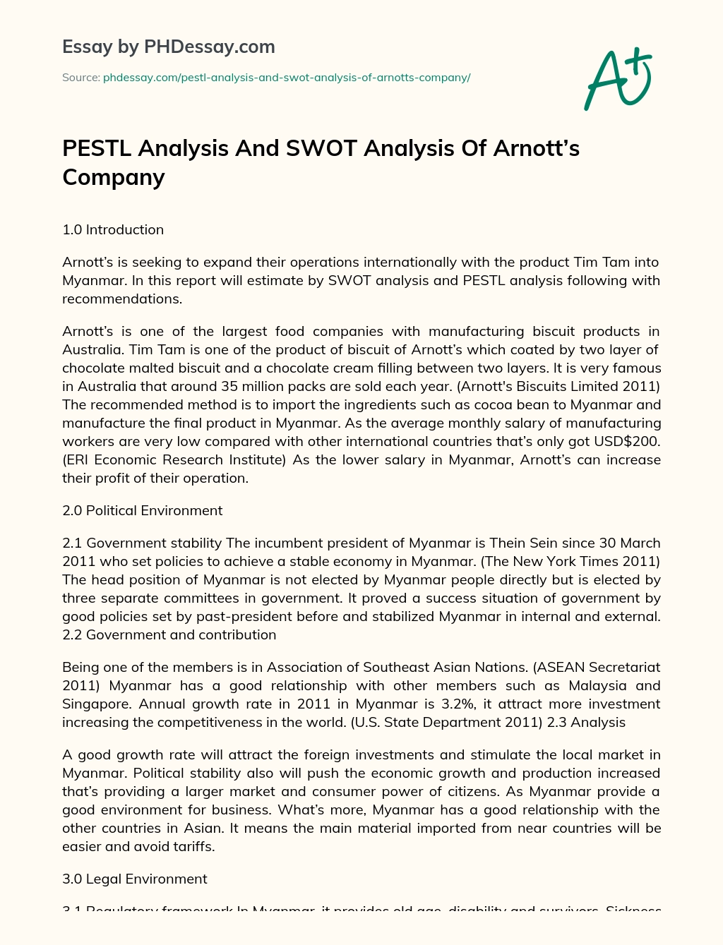 PESTL Analysis And SWOT Analysis Of Arnott’s Company essay