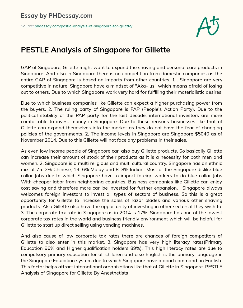 PESTLE Analysis of Singapore for Gillette essay