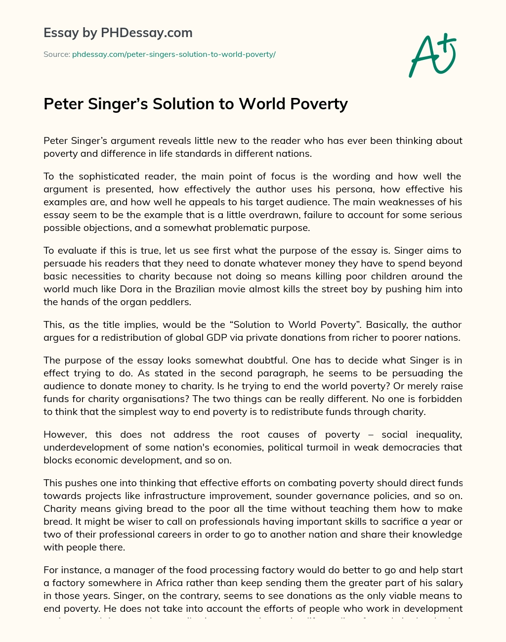 Peter Singer’s Solution to World Poverty essay
