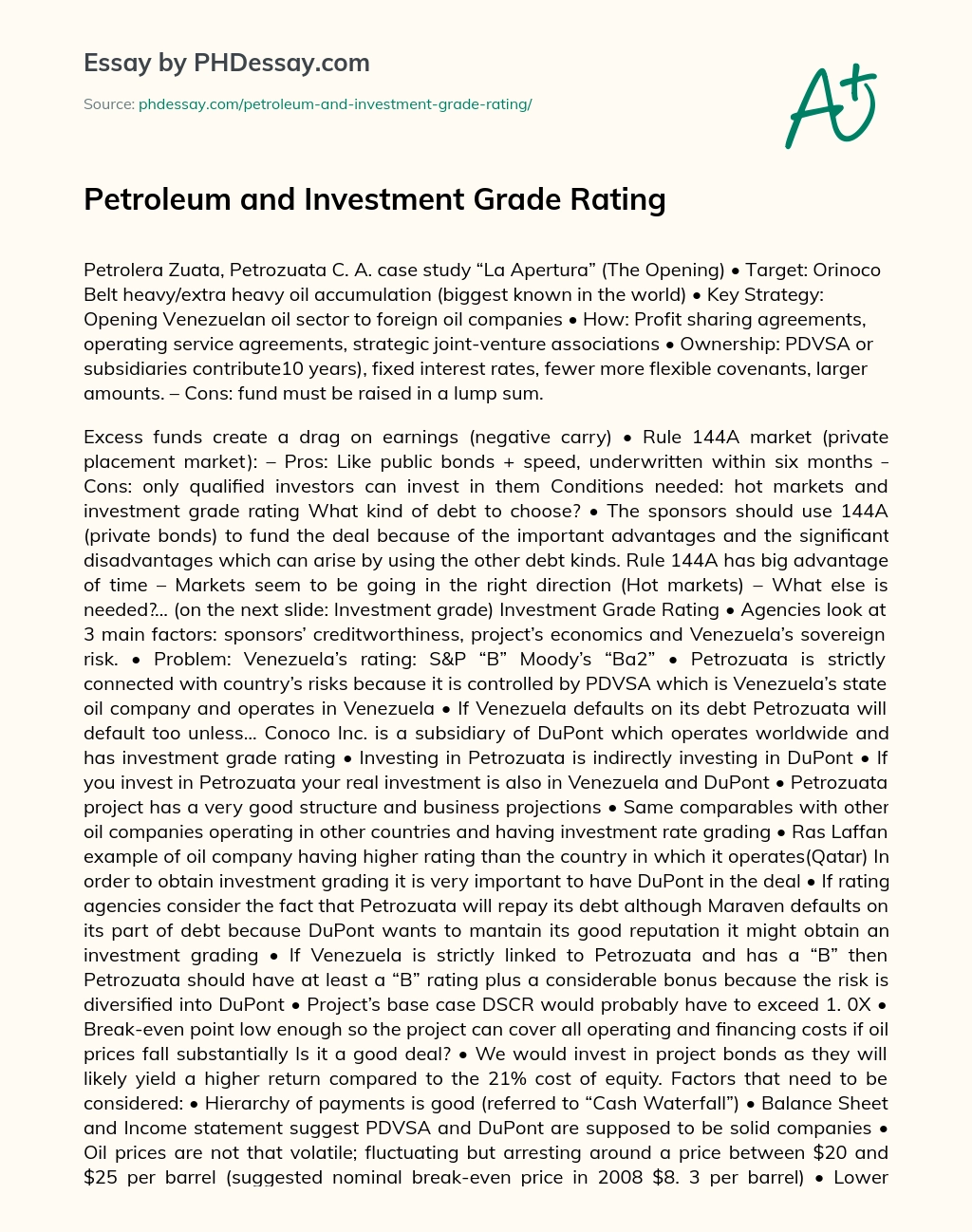 Petroleum and Investment Grade Rating essay