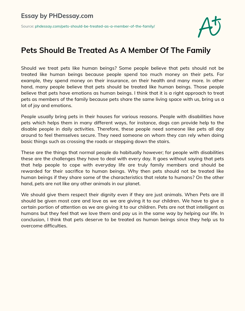 Pets Should Be Treated As A Member Of The Family essay