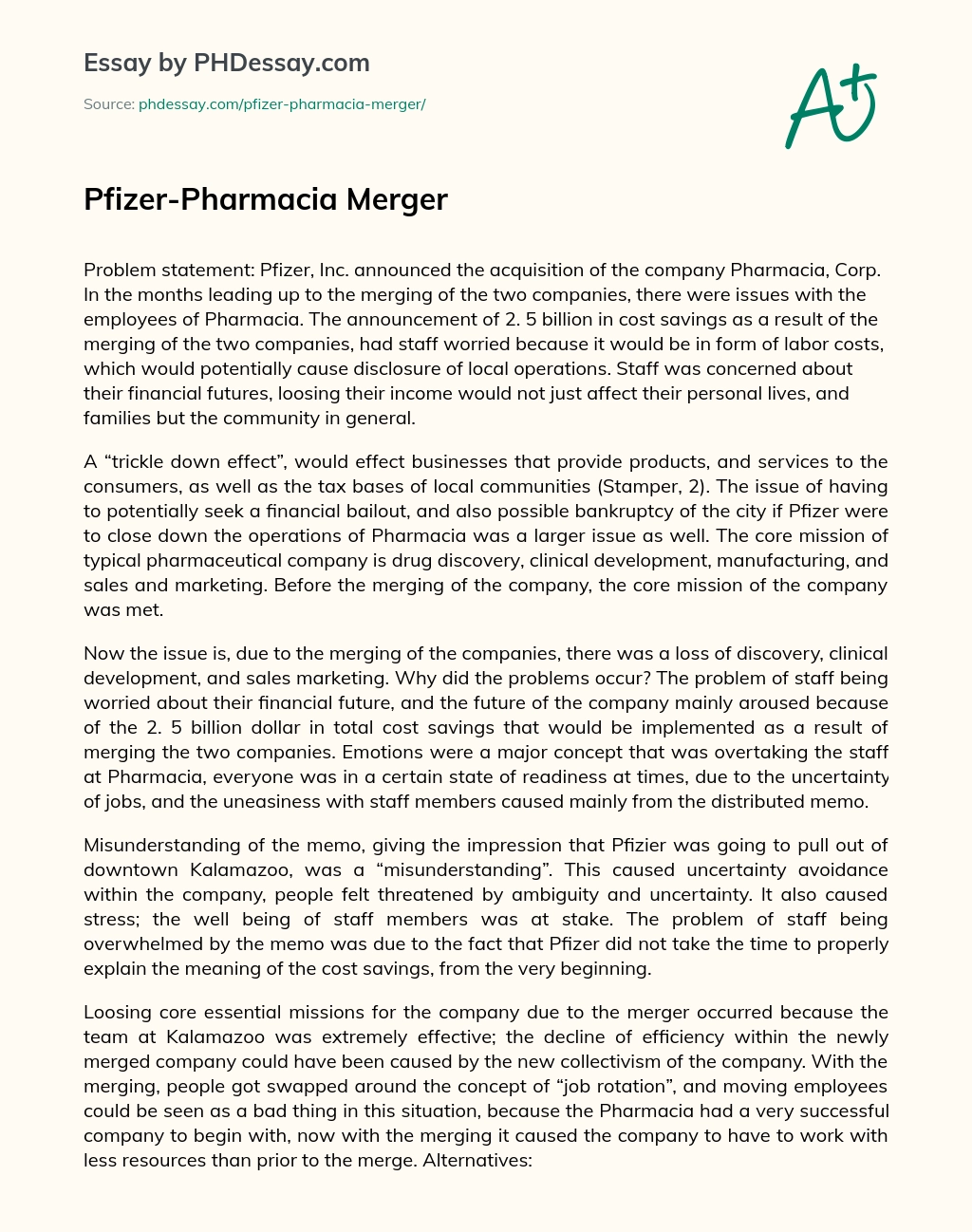 Pfizer-Pharmacia Merger essay