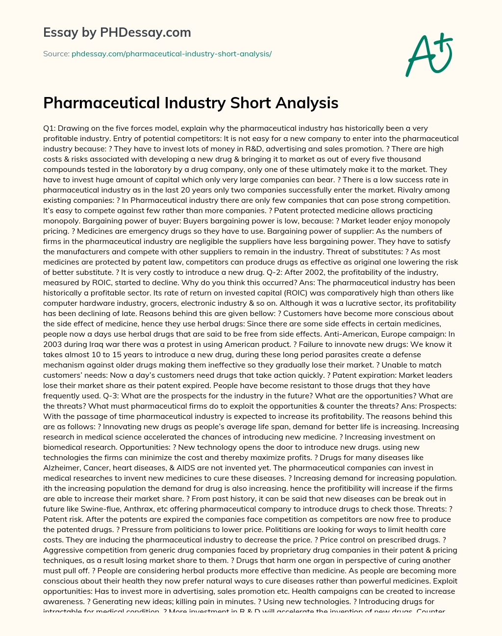Pharmaceutical Industry Short Analysis essay