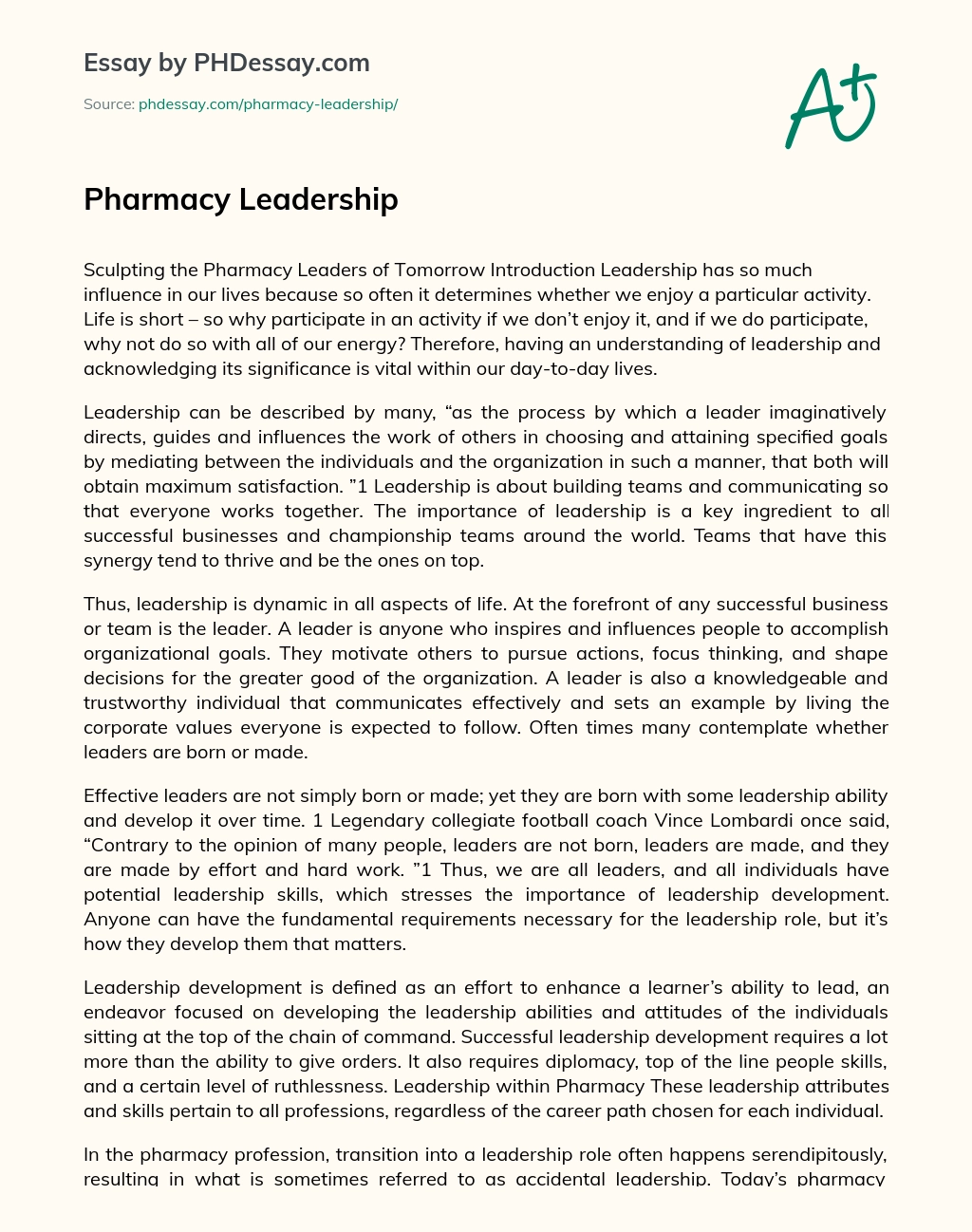 Pharmacy Leadership essay