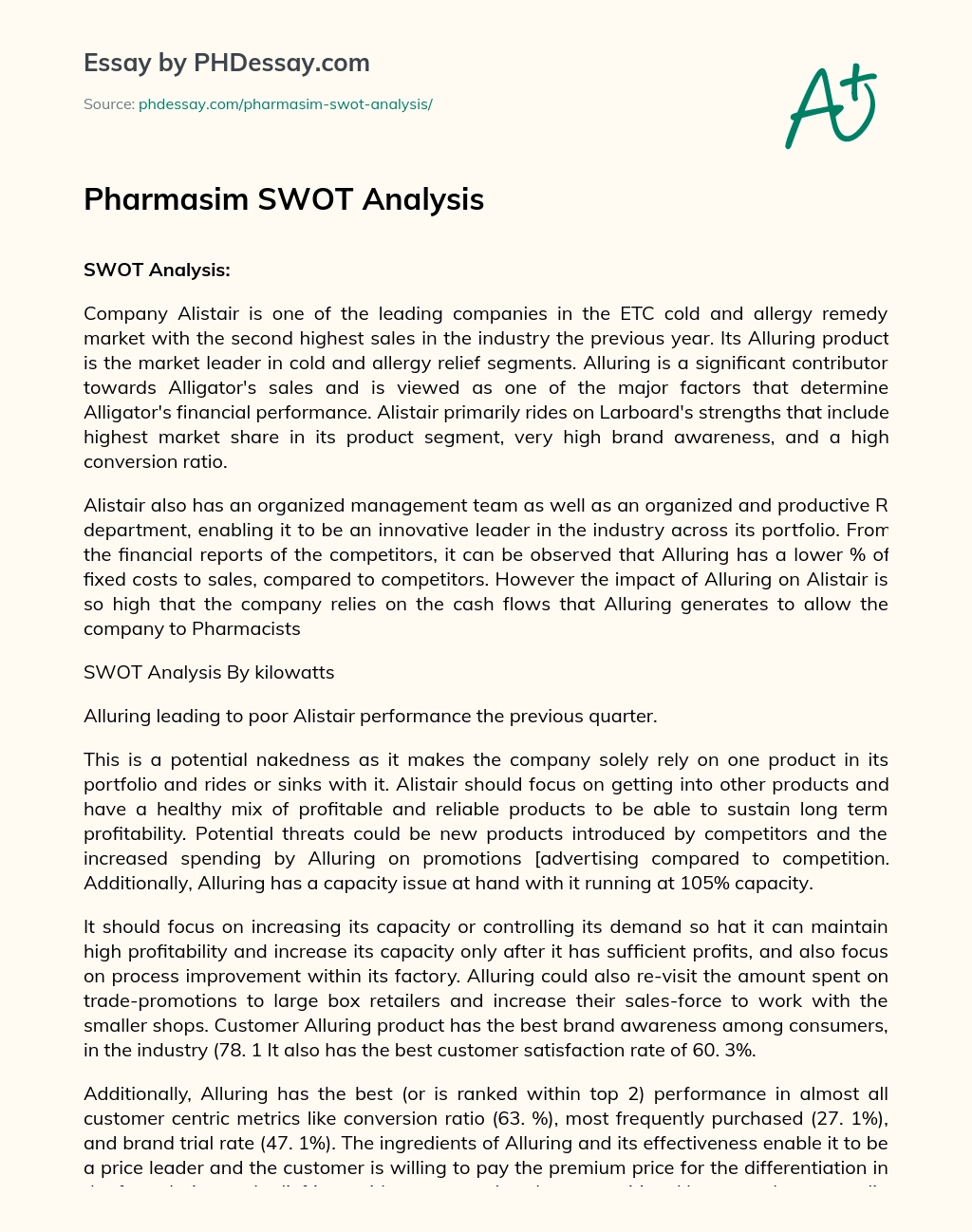 Pharmasim SWOT Analysis essay