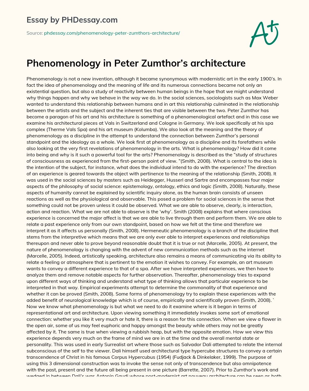 Phenomenology in Peter Zumthor’s architecture essay