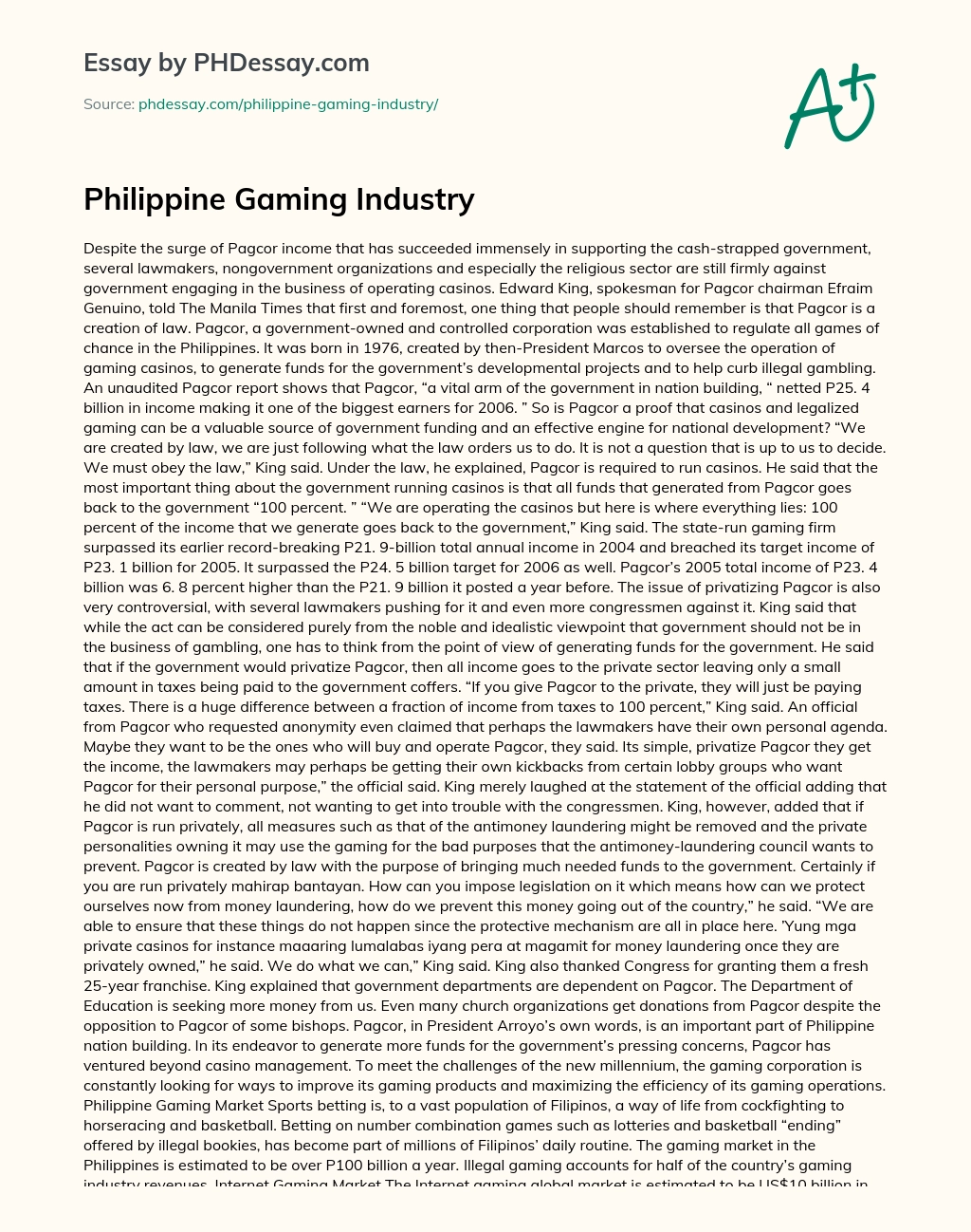 Philippine Gaming Industry essay