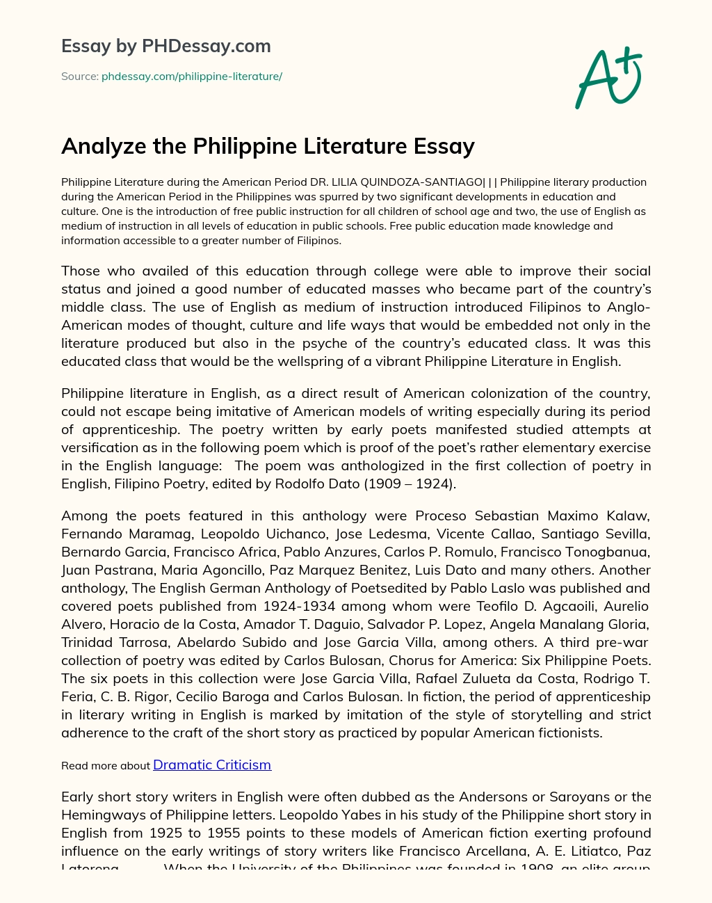 Analyze the Philippine Literature Essay essay