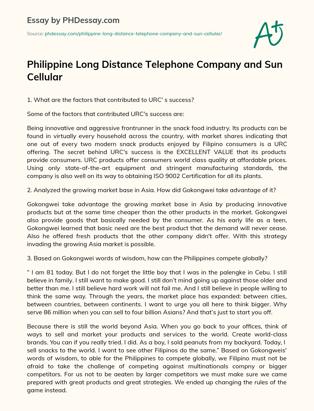 Philippine Long Distance Telephone Company and Sun Cellular essay