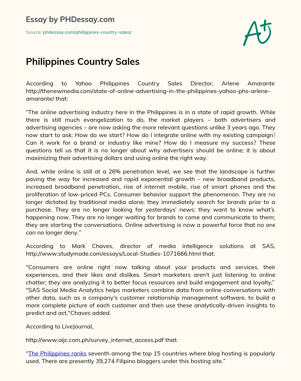 Philippines Country Sales essay