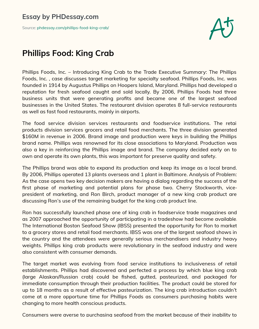 Phillips Food: King Crab essay