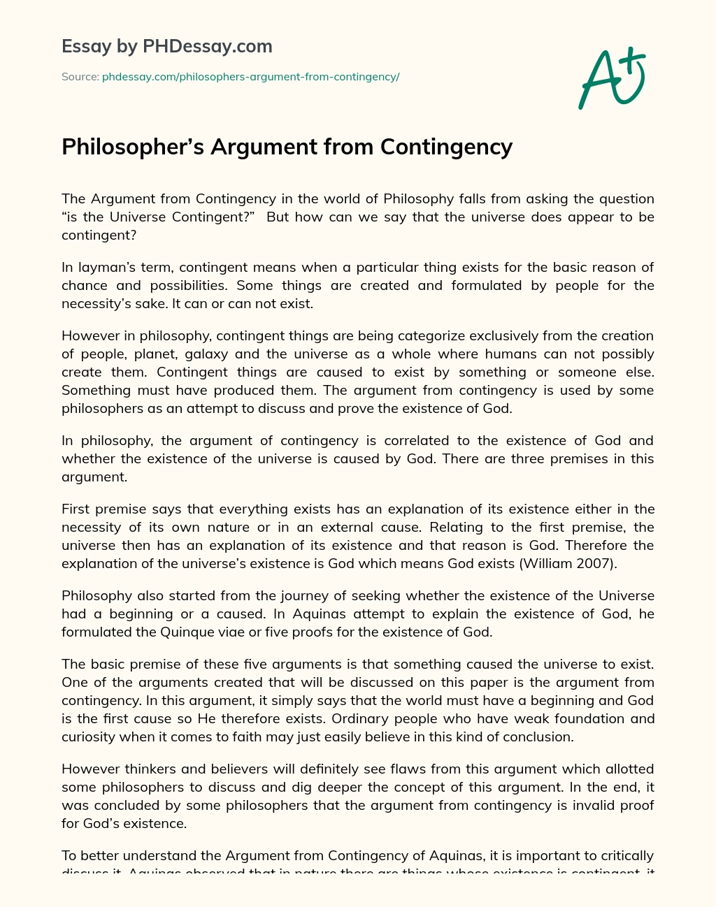 Philosopher’s Argument from Contingency essay