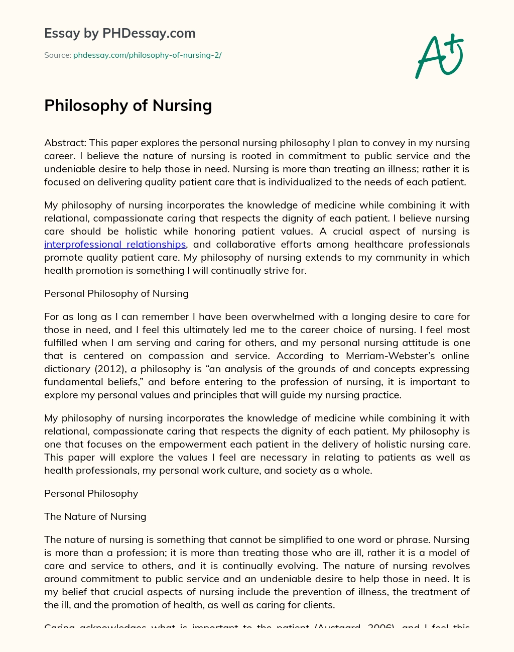 Personal Nursing Philosophy: Compassionate, Individualized Care for Patients and Community essay