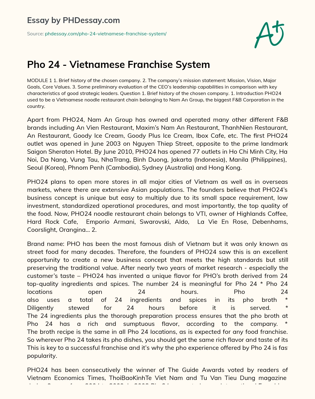 Pho 24 – Vietnamese Franchise System essay