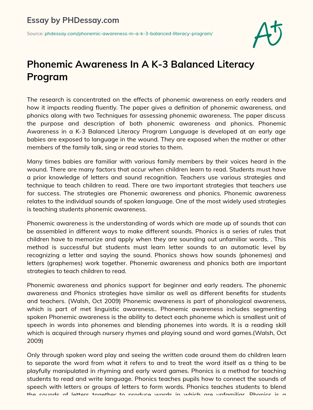 Phonemic Awareness In A K-3 Balanced Literacy Program essay