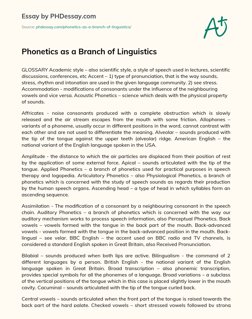 Phonetics as a Branch of Linguistics essay