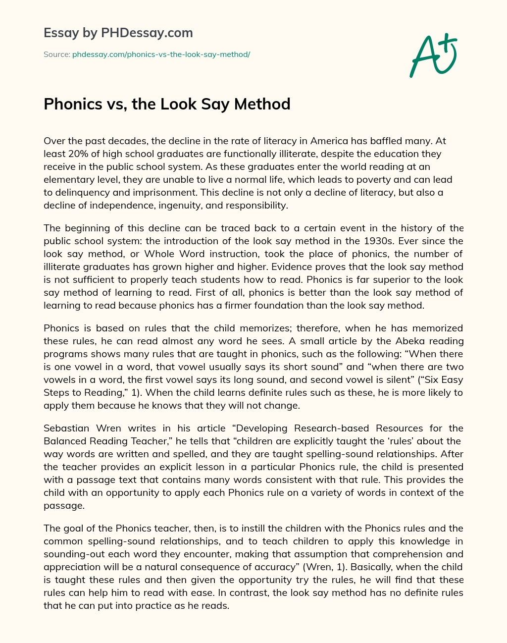 Phonics vs, the Look Say Method essay