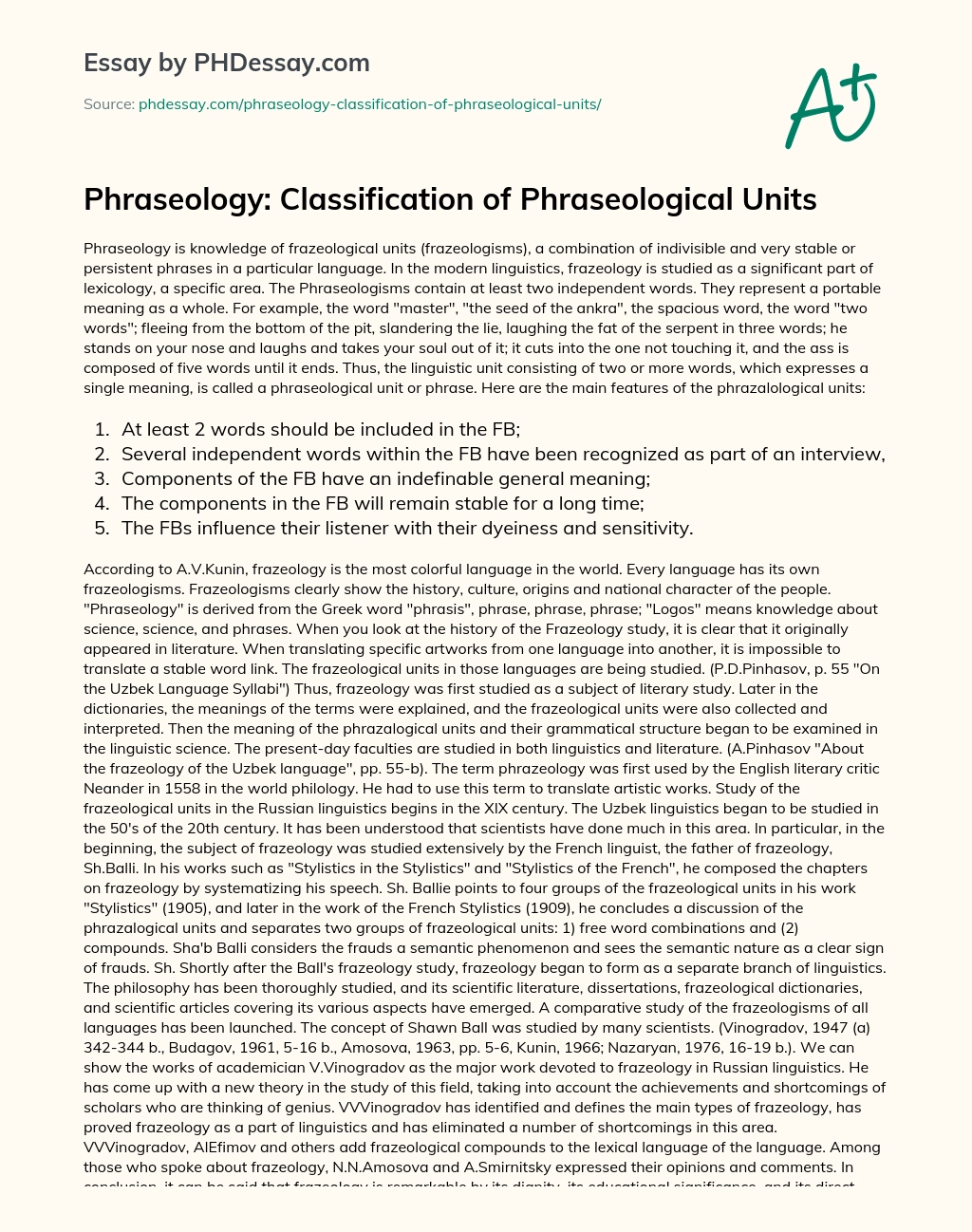 Phraseology: Classification of Phraseological Units essay