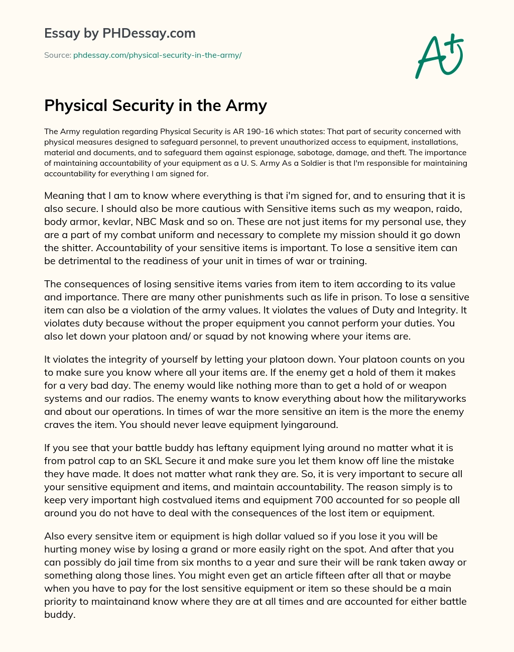 Physical Security in the Army essay