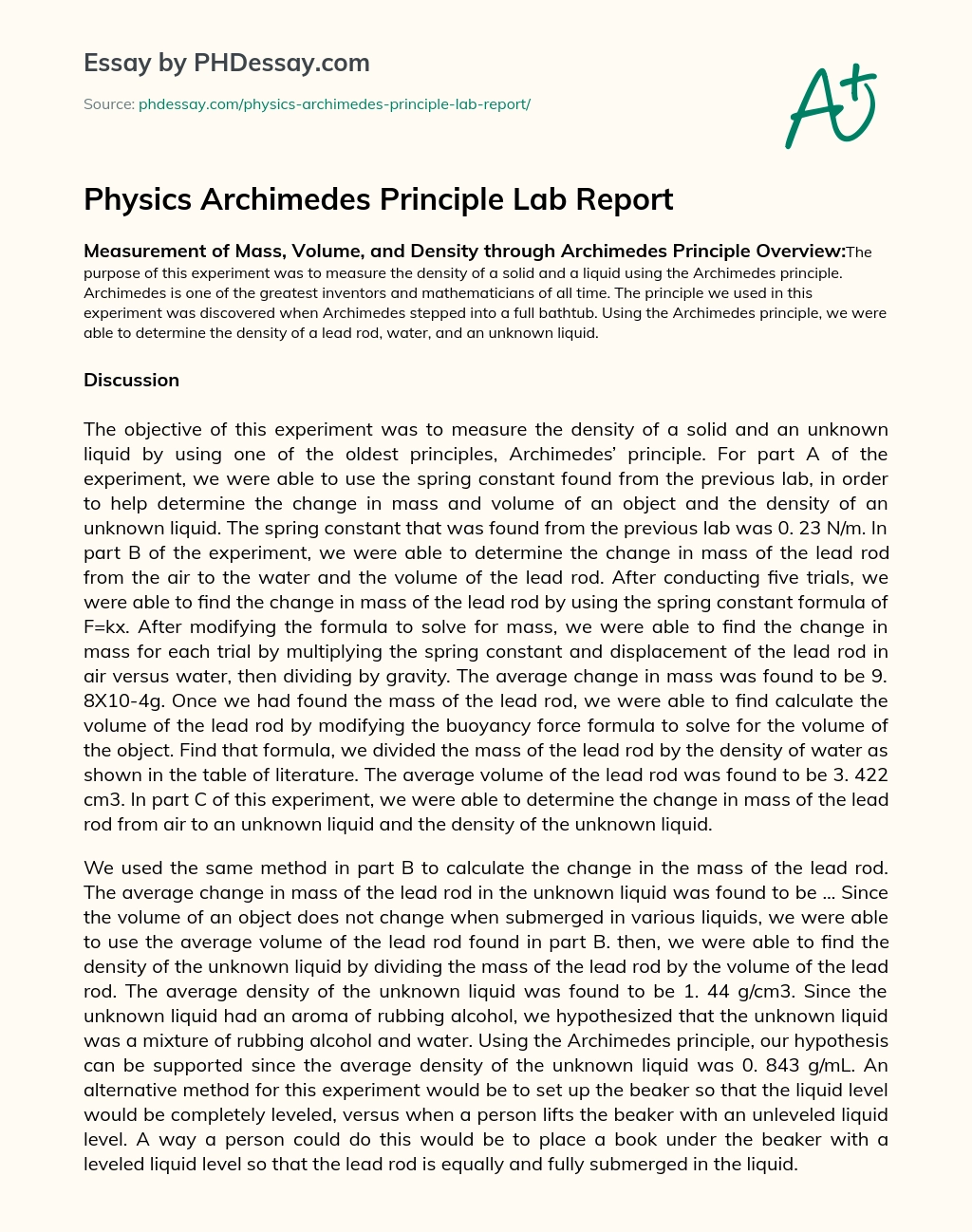Physics Archimedes Principle Lab Report essay