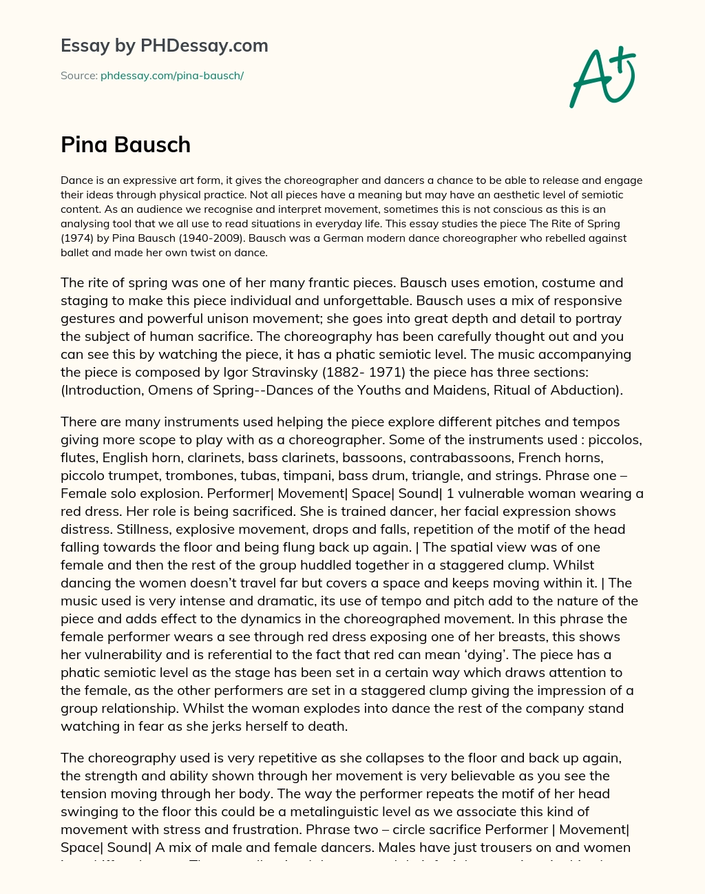 The Expressive Art of Dance: Analyzing Pina Bausch’s The Rite of Spring essay