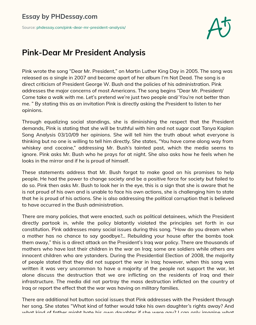 Pink-Dear Mr President Analysis essay