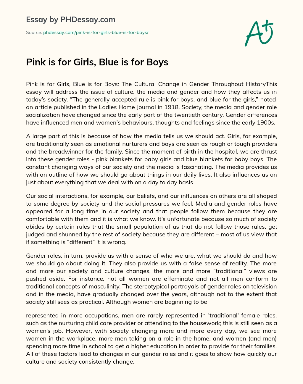 Pink is for Girls, Blue is for Boys essay