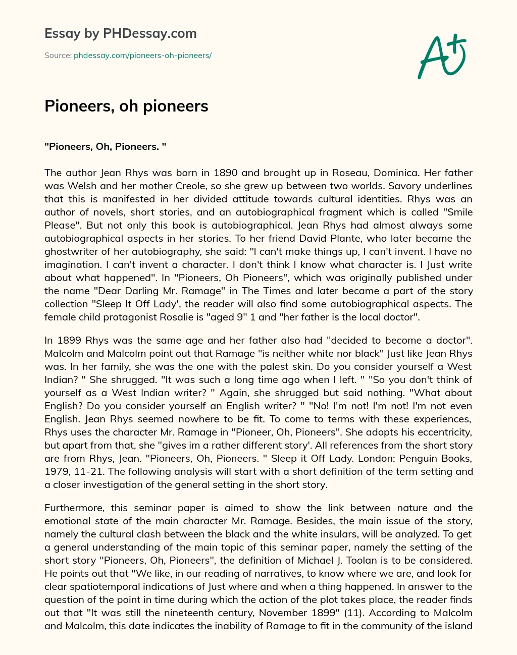Pioneers, oh pioneers essay