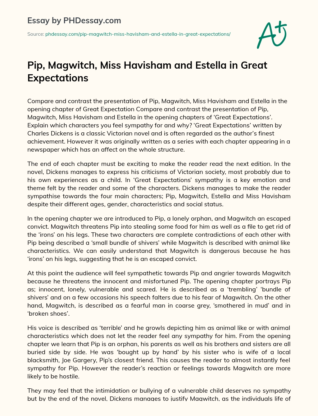 Pip, Magwitch, Miss Havisham and Estella in Great Expectations essay