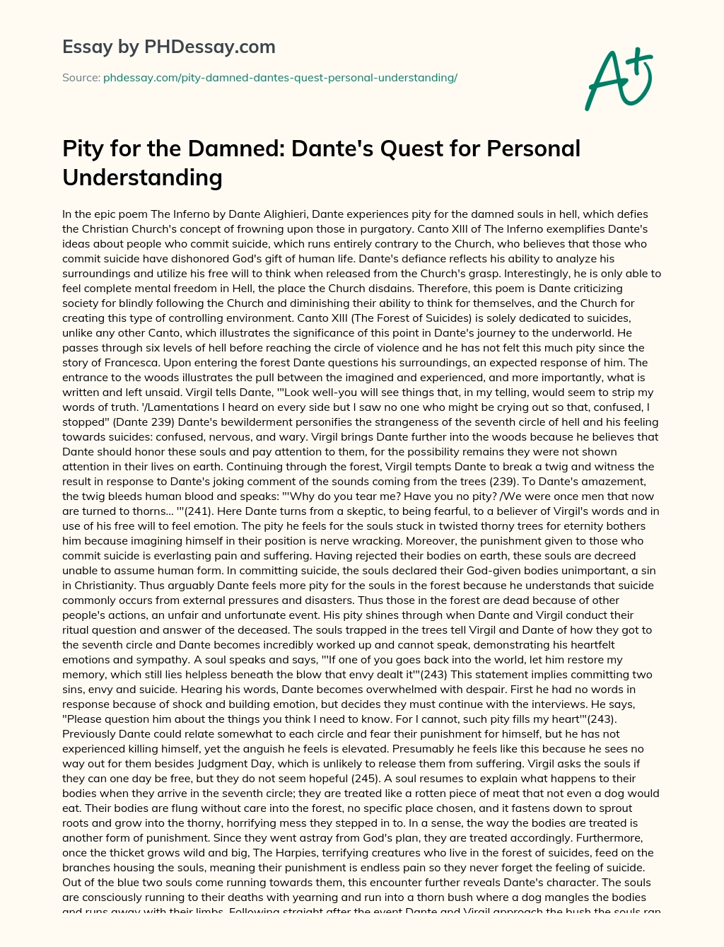 Pity for the Damned: Dante’s Quest for Personal Understanding essay