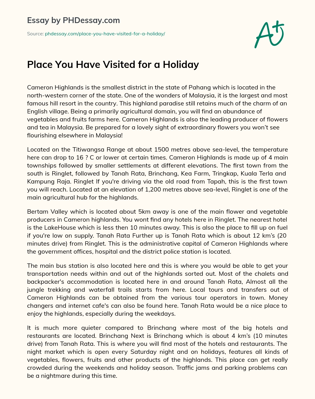 Place You Have Visited for a Holiday essay