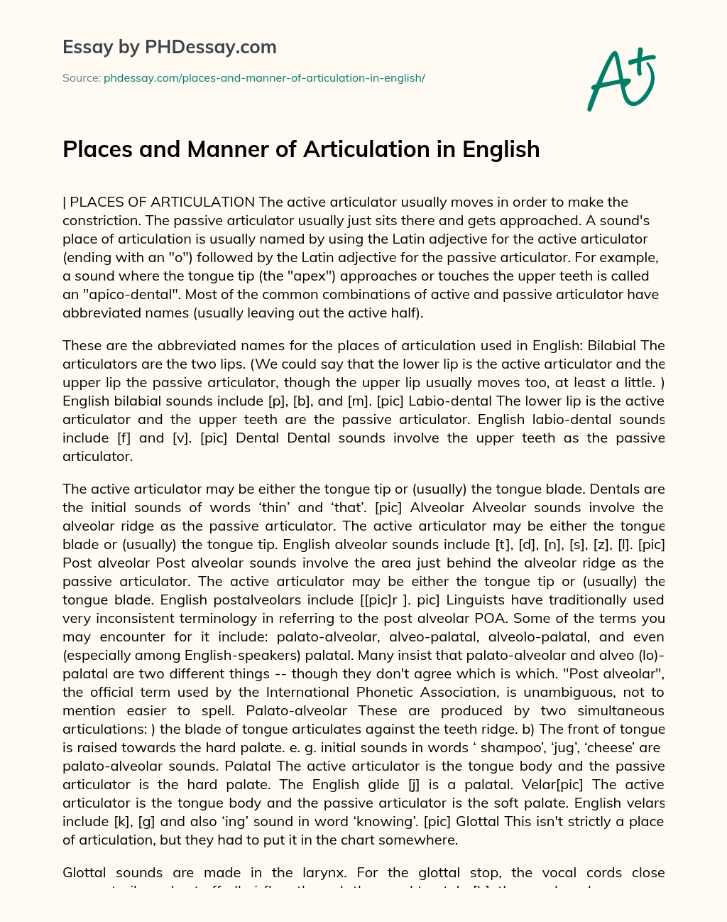 Places and Manner of Articulation in English essay