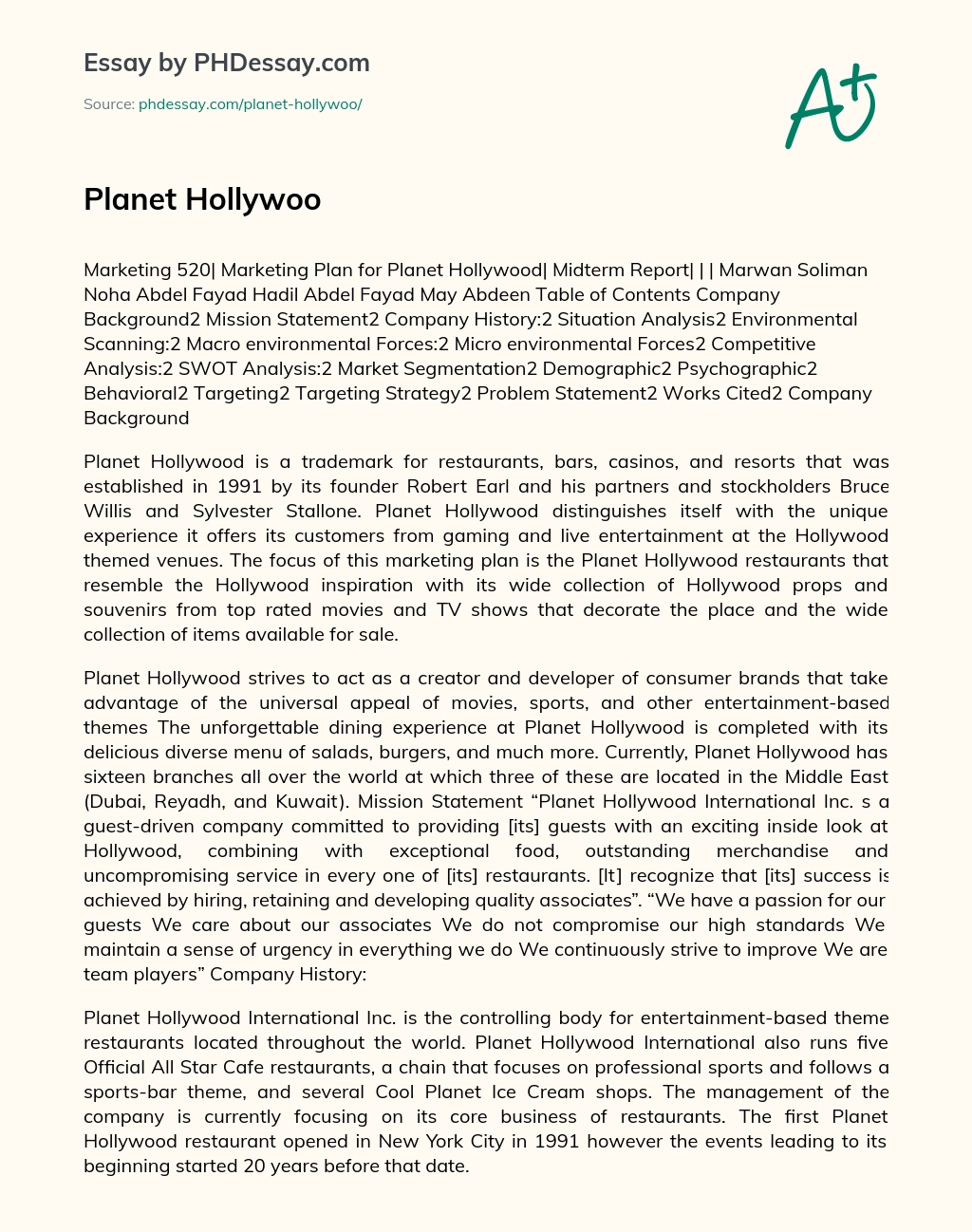 Planet Hollywoo essay
